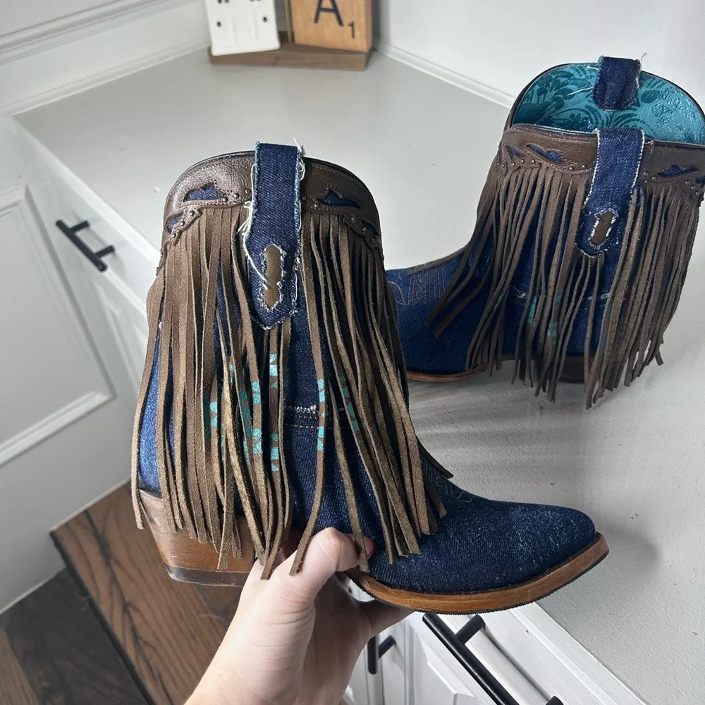**SOLD**Corral Fringe Denim Cowgirl Boots Women’s 11 Western Rodeo Style, Rare - Picture 5 of 8
